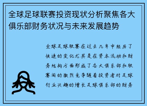 全球足球联赛投资现状分析聚焦各大俱乐部财务状况与未来发展趋势